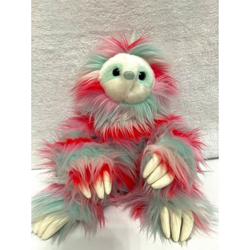Aurora Three-toed Slothicorn 15" shaggy plush stuffed animal, pink & sky blue